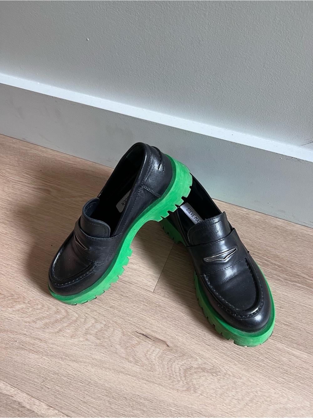 Steve Madden Black Leather Penny Loafers with Bright Green Lug Sole